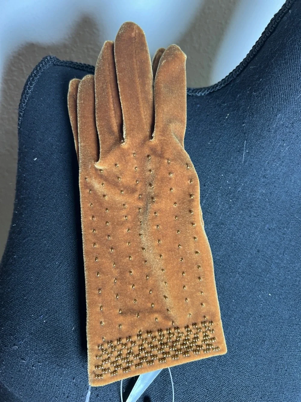 Women’s Cognac Velvet Embellished Hand Beaded Gloves NEW One Size Elegant